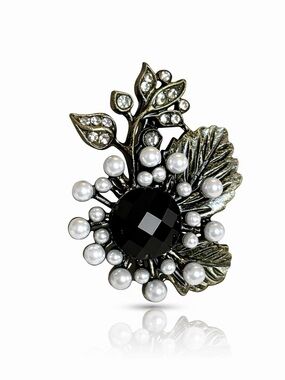 Vintage-Inspired Black Crystal & Pearl Floral Brooch